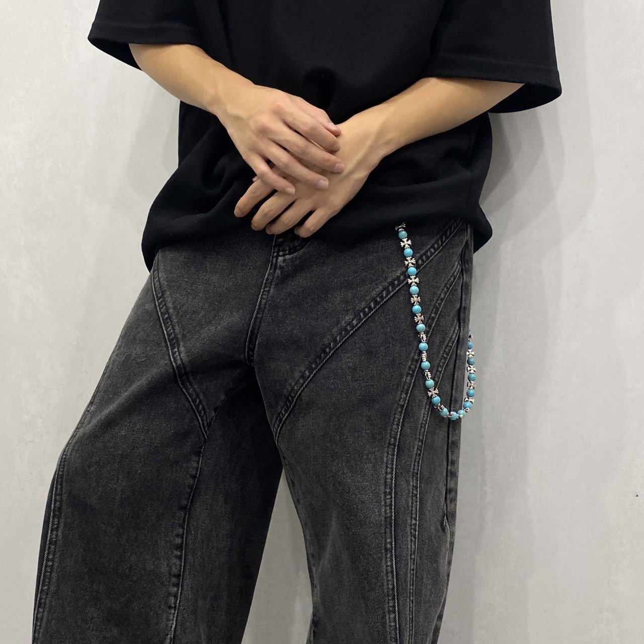 藍色人造石十字架造型褲鍊