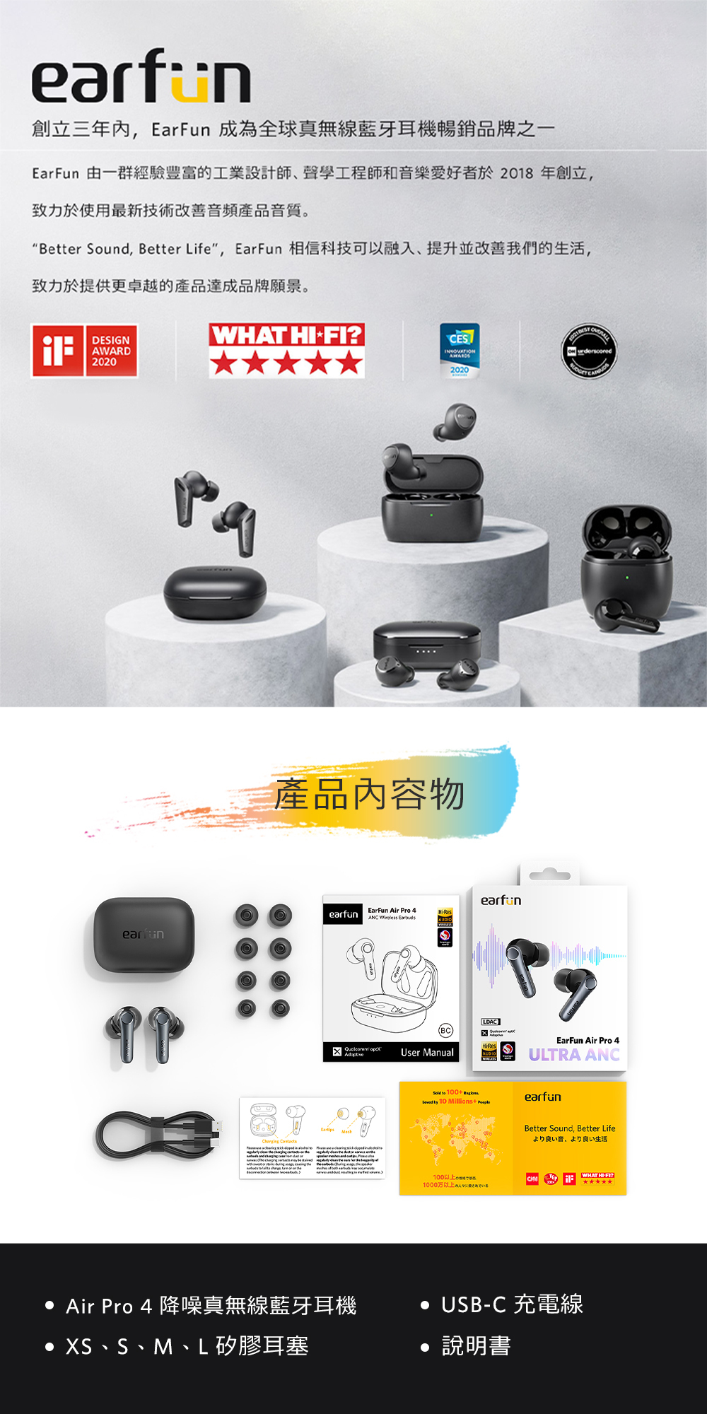 earfun創立三年內,EarFun 成為全球真無線藍牙耳機暢銷品牌之一EarFun 由一群經驗豐富工業設計師聲學工程師和音樂愛好者於2018年創立,致力於使用最新技術改善音頻產品音質致力於提供更卓越的產品成品牌願景。Better Sound, Better Life, EarFun 相信科技可以融入提升並改善我們的生活,DESINWHAT HICES2020AWARD2020產品內容物 earfunEarFun Air Pro 4earfunANC             User Manual  100  by 10 Millions+ LDACEarFun Air Pro 4ULTRA ANCearfunBetter Sound, Better Lifeより良い音、より良い生活   100的。G WHAT HI1000万以上いる Air Pro 4 降噪真無線藍牙耳機 XS、S、M、L矽膠耳塞 USB-C 充電線說明書