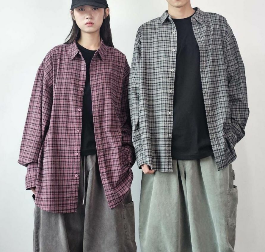 格仔長袖恤衫 Floor&co-029S