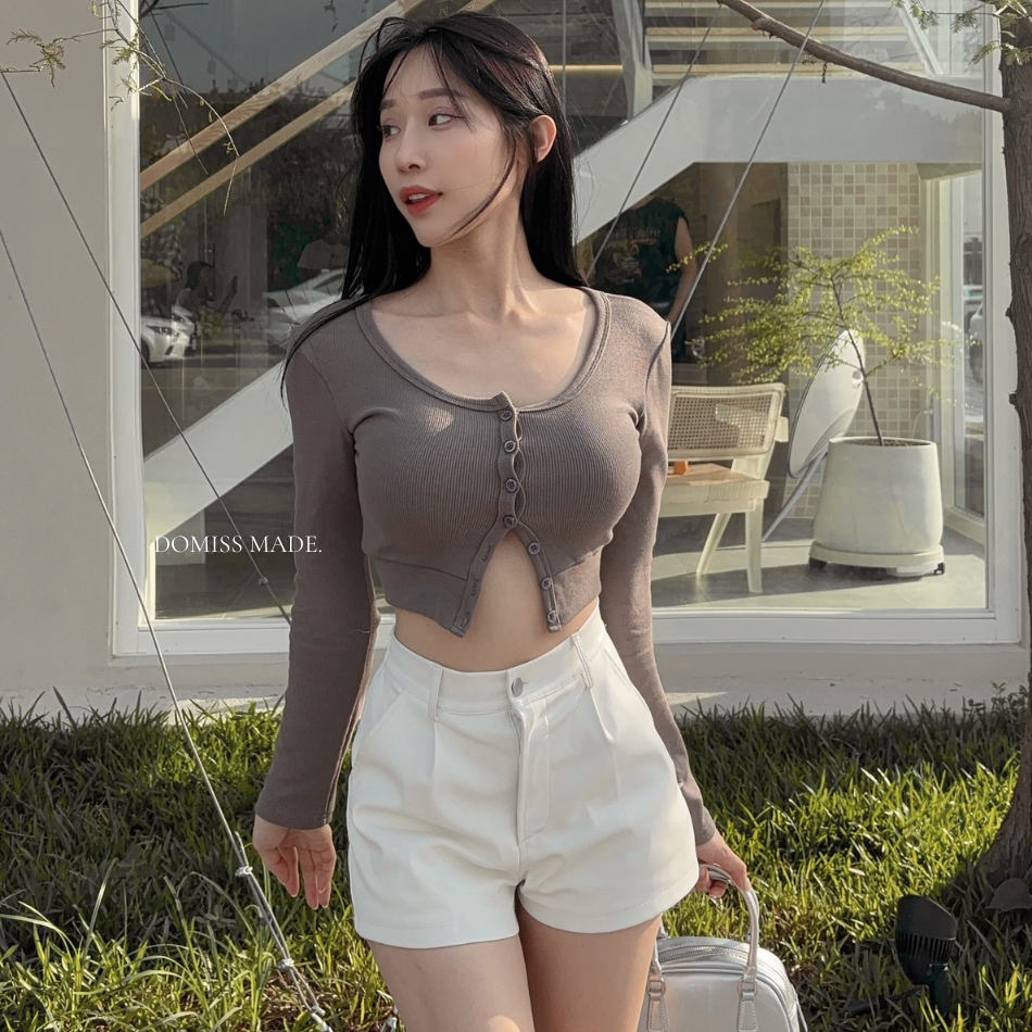 自訂-短版修身排釦長袖外套-4色 棉質短版外套 (現貨)