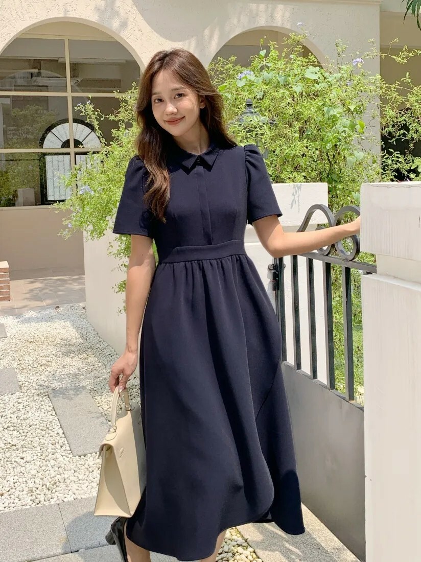 海軍藍澎澎袖織紋感翻領長洋裝S-L (Elegant & Love)