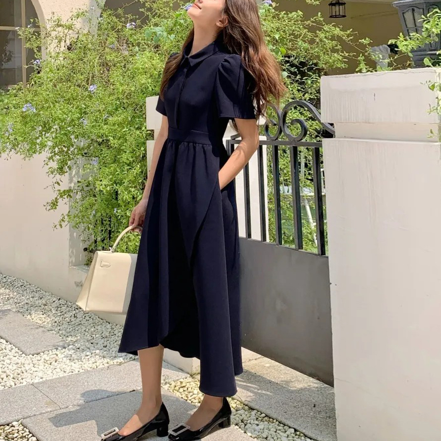 海軍藍澎澎袖織紋感翻領長洋裝S-L (Elegant & Love)