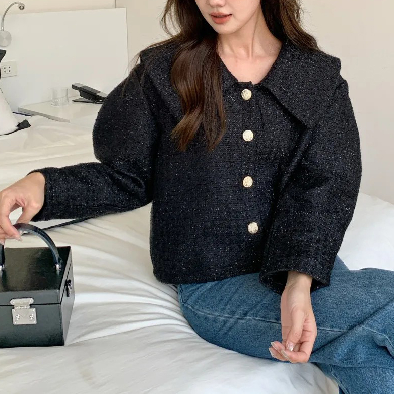 織紋感翻領澎澎袖排釦上衣外套-F (Elegant & Love)