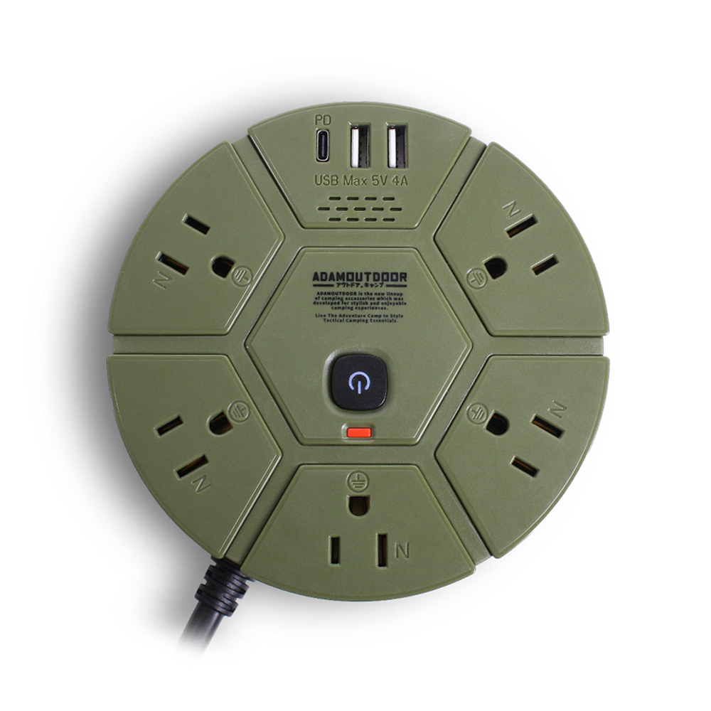 ADAMOUTDOOR｜5座USB/PD延長線 1.8M  軍綠色