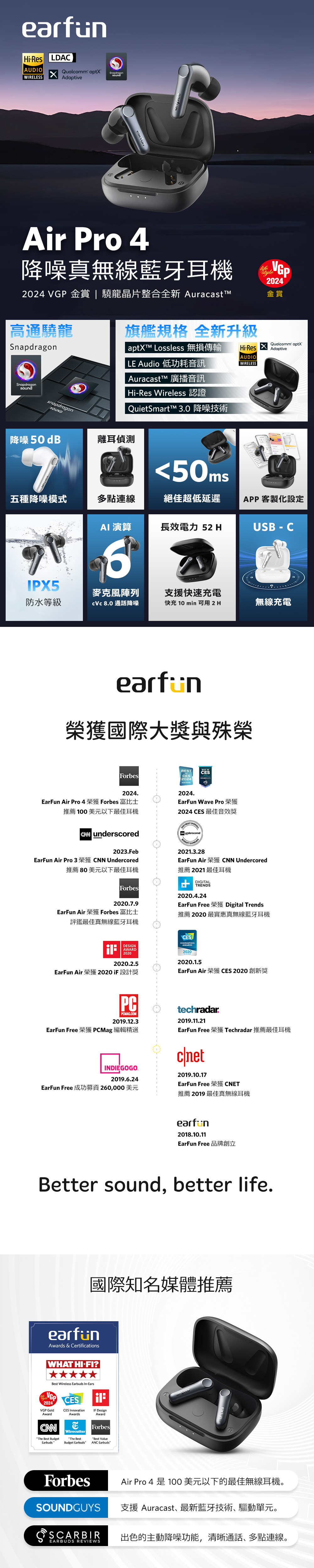 earfunHiRes LDACAUDIOWIRELESQualcomm apXAdaptiveAir ro 4降噪真無線耳機2024 V 金賞 | 龍晶片整合全新 life2024金賞高通驍龍旗艦規格 全新升級Snapdragon Lossless 無損傳輸 HiResLE Audio 低功耗音訊AUDIOWIRELESSQualcomm aptXAdaptiveSnapdragonsoundsnapdragonSOUND 廣播音訊Hi-Res Wireless 降噪50dB耳偵測50ms五種降噪模式多點連線絕佳超低延遲APP客製化設定AI 演算長效電力 52 HUSB - CIPX5麥克風陣列支援快速充電防水等級  通話降噪快充 10 min可用 2H無線充電earfun國際大與殊榮 ForbesCES202420242024.EarFun Air Pro 4Forbes EarFun Wave Pro推薦 100美元以下最佳耳機2024 CES underscored2023.FebCNN Undercored BESTunderscored2021.3.28EarFun AirEarFun Air Pro 3CNN Undercored推薦 80美元以下最佳耳機推薦2021 最佳耳機DIGITALForbesTRENDS.4.24EarFun Free Digital Trends2020.7.9EarFun AirForbes t評鑑最佳真無線藍牙耳機推薦 2020 最實惠真無線藍牙耳機CESINNOVATIONDESIGNAWARD20202020.2.5EarFun Air  2020 iF 設計獎EarFun Free PCMagPCPCMAG.COM2019.12.3INDIEGOGO.2019.6.24EarFun Free 成功募資260,000美元AWARDS20202020.1.5EarFun Air 榮獲 CES 2020 創新獎techradar2019.11.21EarFun FreeTechradar 2019.10.17EarFun Free CNET推薦 2019 最佳真無線耳機earfun2018.10.11EarFun Free 品牌創立Better sound, better life.國際知名媒體推薦earfunAwards & CertificationsWHAT ?Best Wireless Earbuds In-EarsGP CES2024VGP GoldAwardCES InnovationAwardsIF DesignAwardForbesThe Best BudgetEarbudsWirecutterThe BestBest ValueBudget Earbuds ANC EarbudsPForbesAir Pro 4 是 100美元以下的最佳無線耳機。SOUNDGUYS 支援 Auracast、最新藍牙技術、驅動單元。S SCARBIREARBUDS REVIEWS出色的主動降噪功能,清晰通話、多點連線。