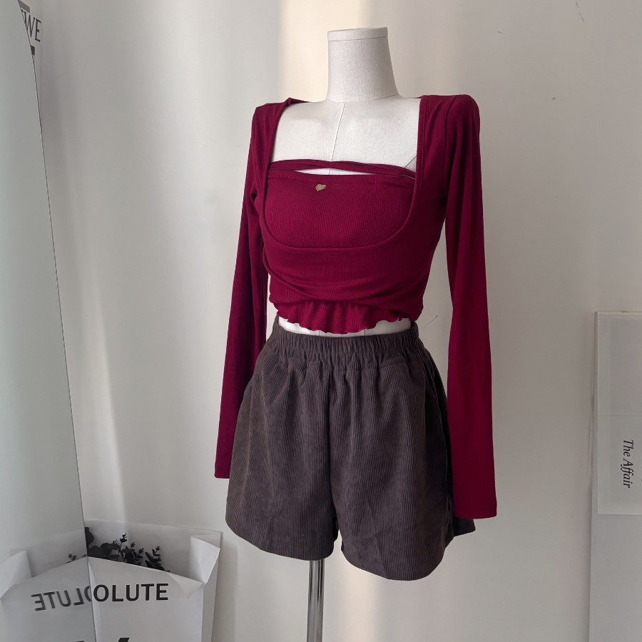 【DOMISS自訂】兩件式多穿法! 甜美綁帶背心+短版長袖上衣 (現貨)