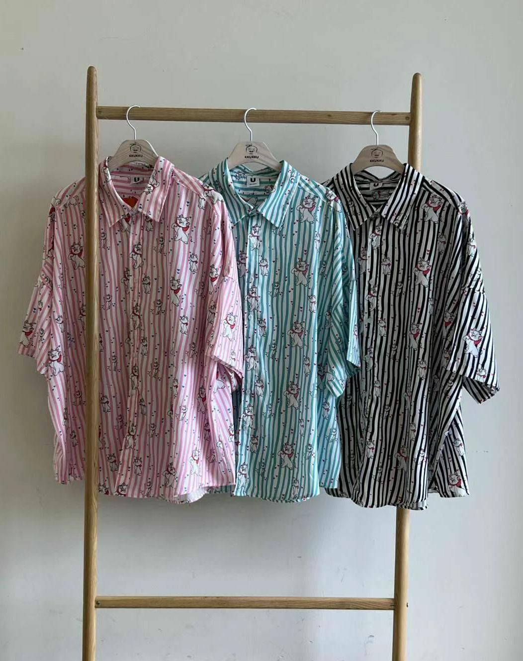 卡通貓直紋短袖恤衫 KKUKKU-023S