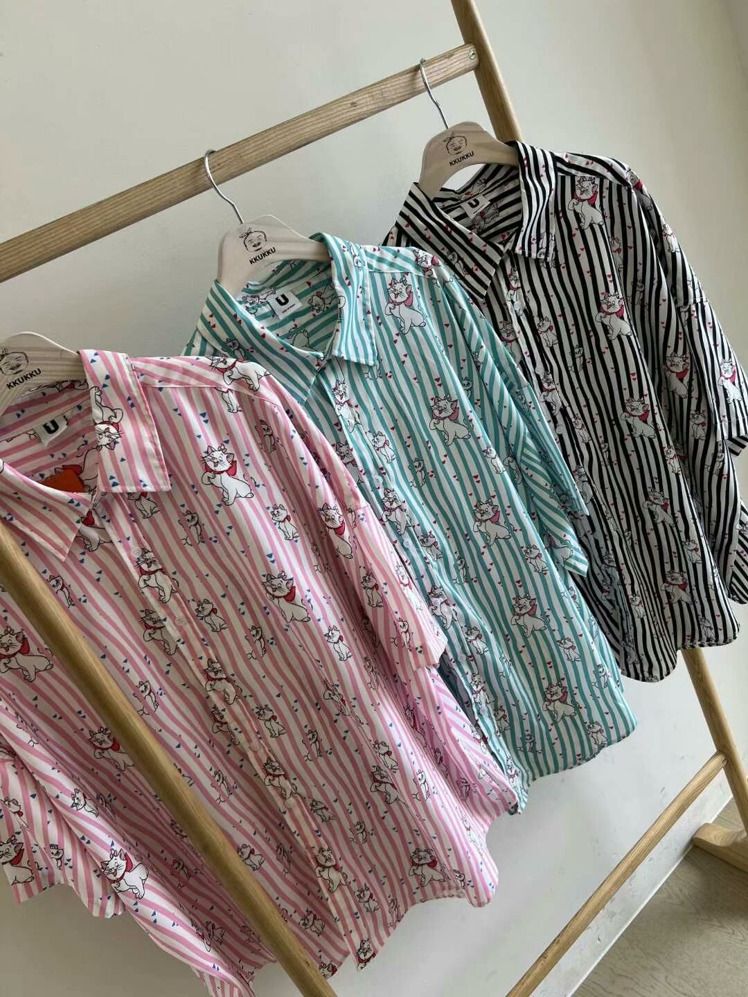 卡通貓直紋短袖恤衫 KKUKKU-023S