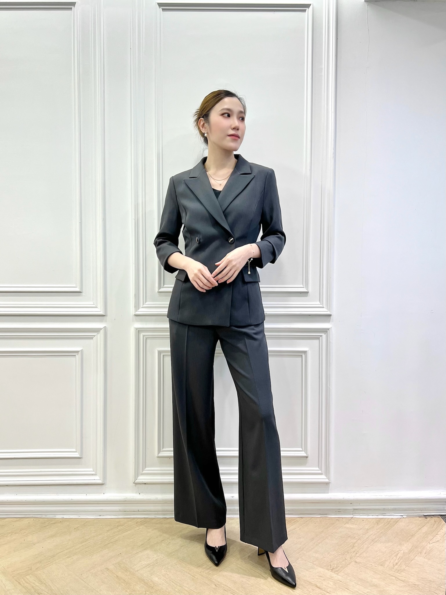 雙排金釦俐落西裝套裝-灰