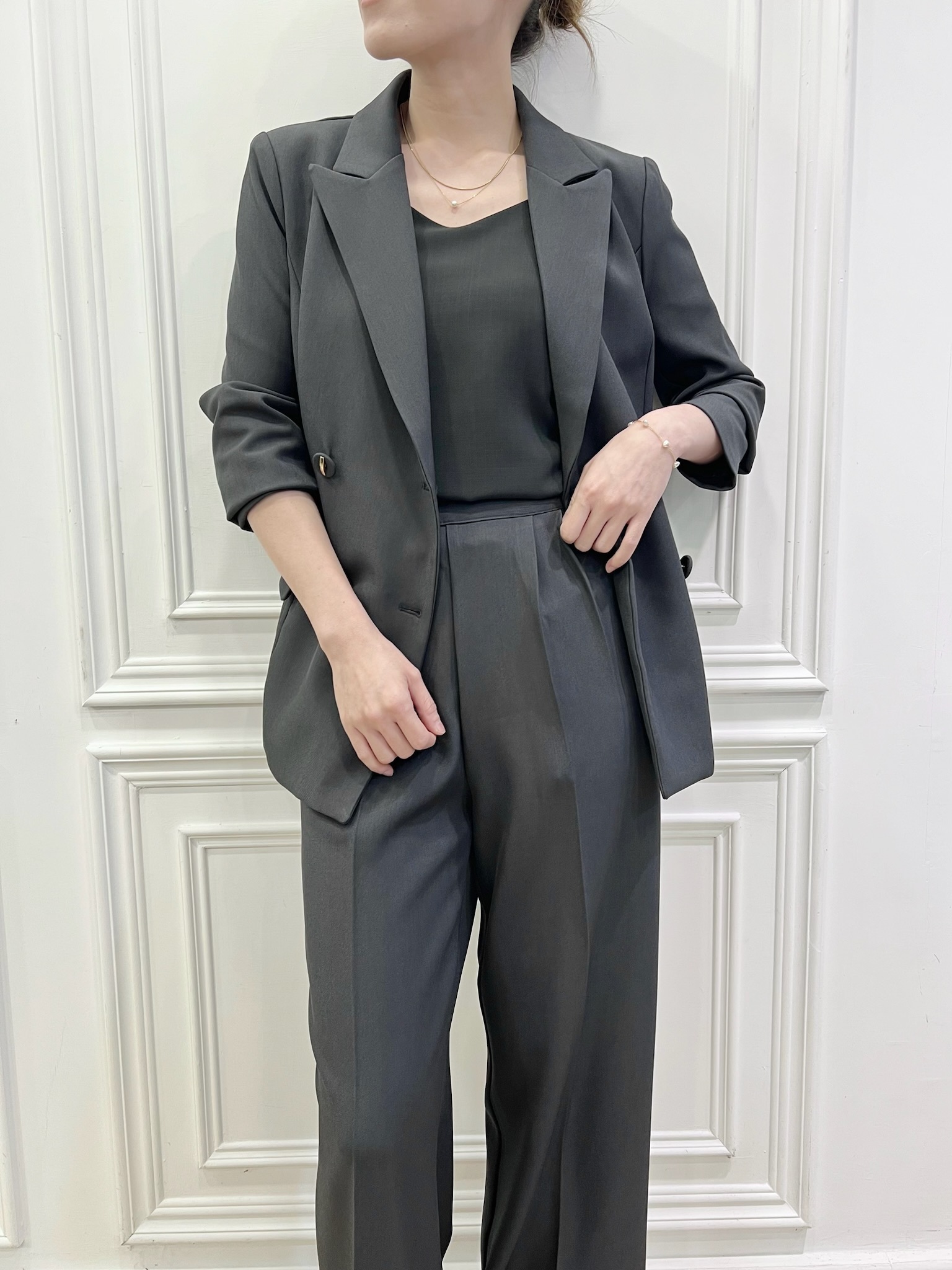 雙排金釦俐落西裝套裝-灰
