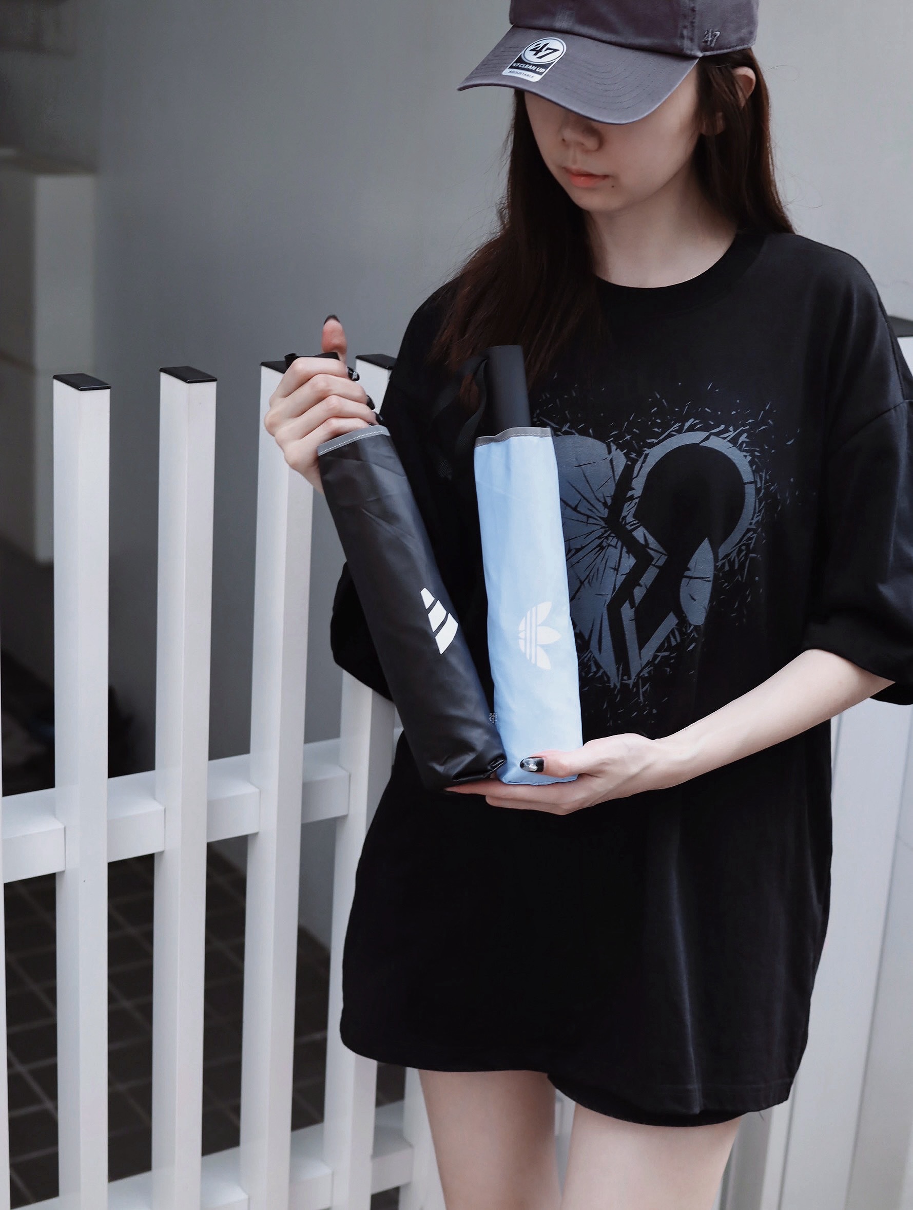 ADIDAS 自動摺疊傘 雨傘 黑 藍 兩用傘 晴雨傘 遮陽傘 8傘骨 21吋