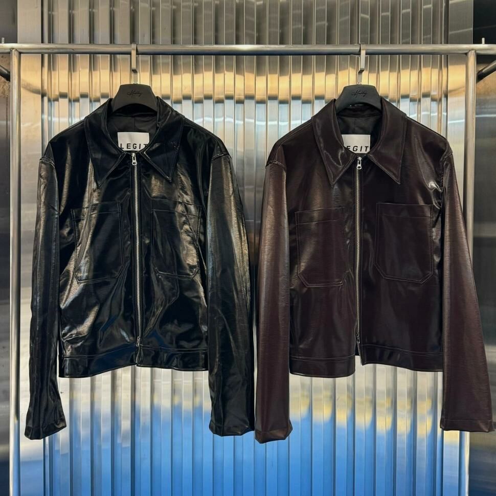 反領拉鍊亮面合成皮褸 LEGIT-JK020