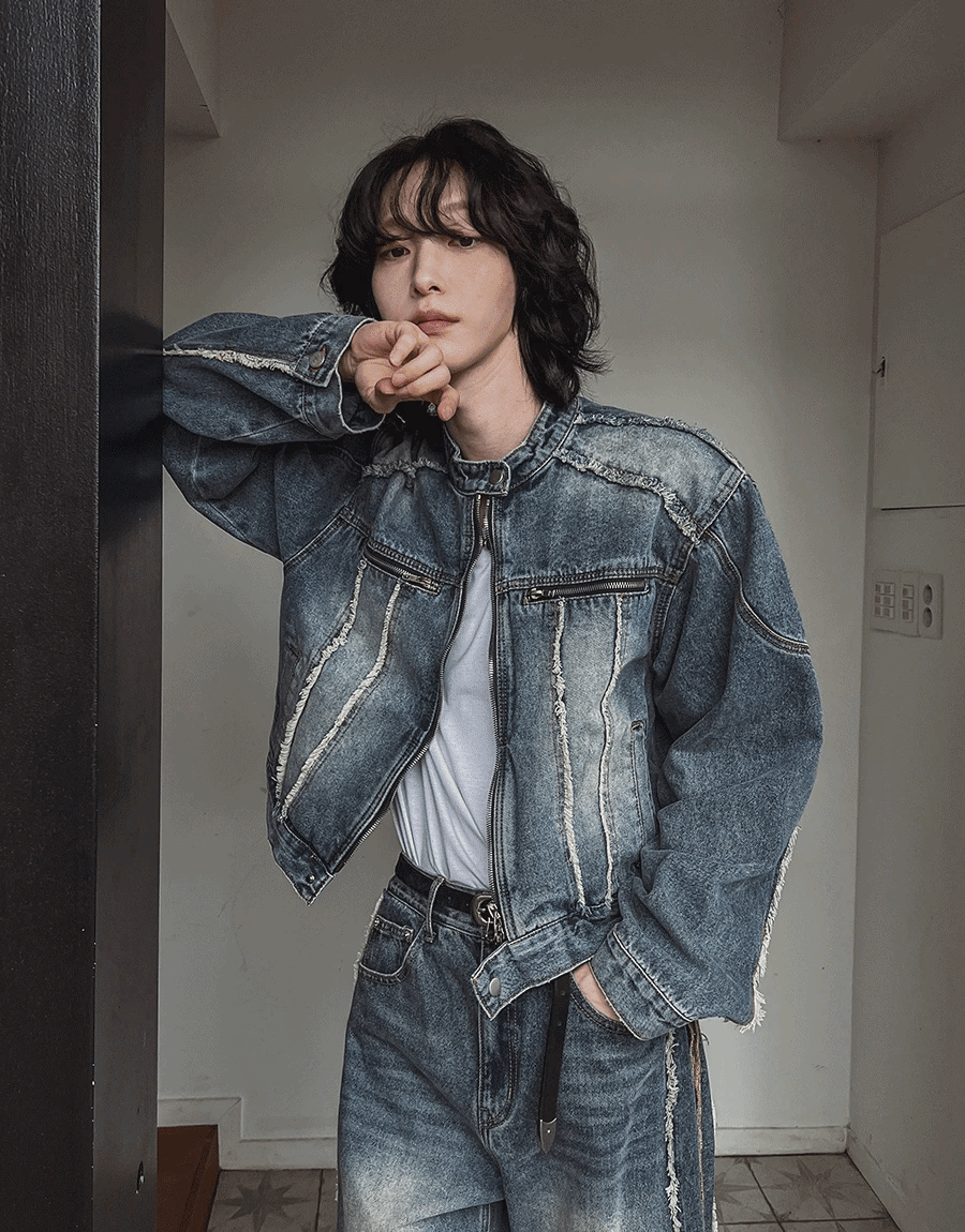 Deki Biker毛邊剪裁牛仔外套外套 側毛邊牛仔褲