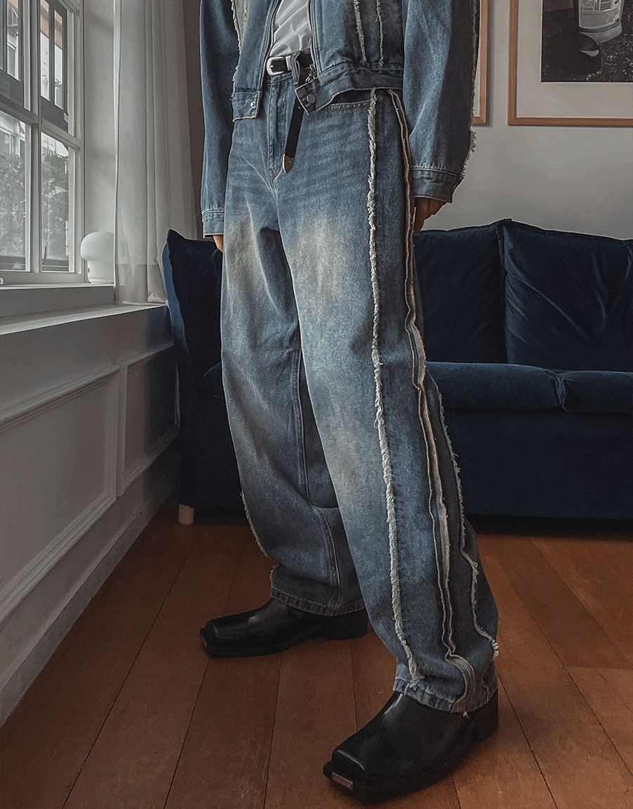 Deki Biker毛邊剪裁牛仔外套外套 側毛邊牛仔褲