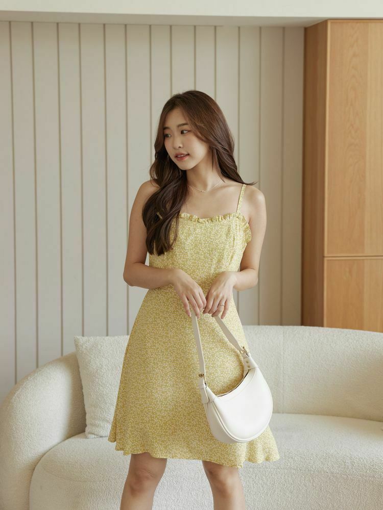 花邊細肩碎花綁帶短洋
