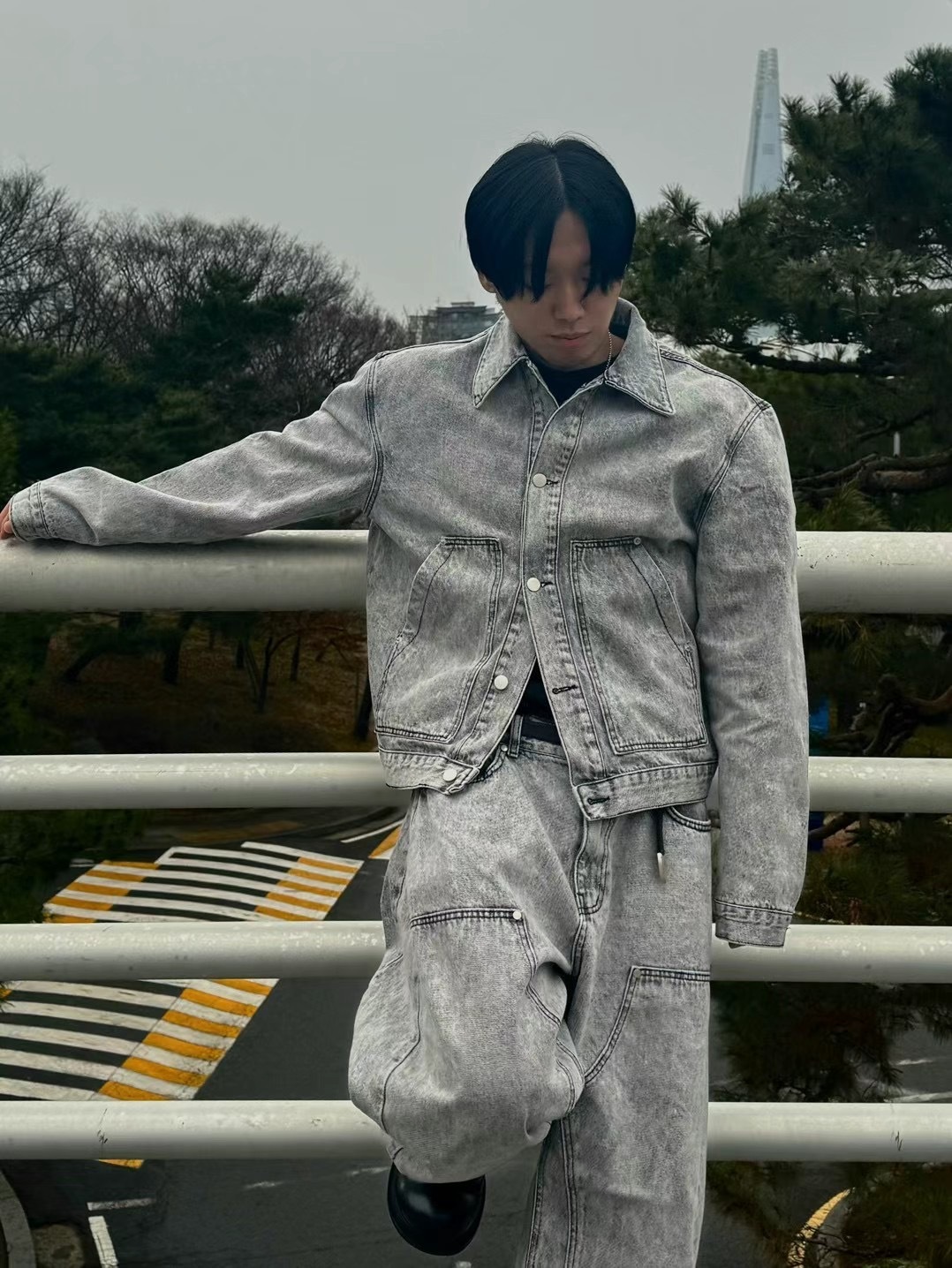 【HERETICS STUDIO 】韓國 고품질 水洗 潑墨 雪花 牛仔 套裝 寬鬆 外套 長褲