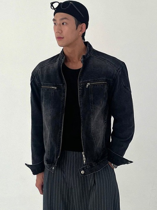 圓領拉鍊機車牛仔夾克外套