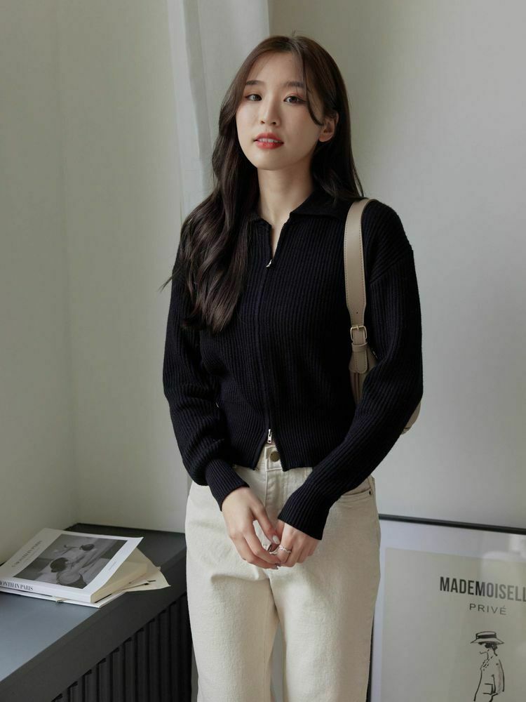 柔軟螺紋針織拉鏈上衣