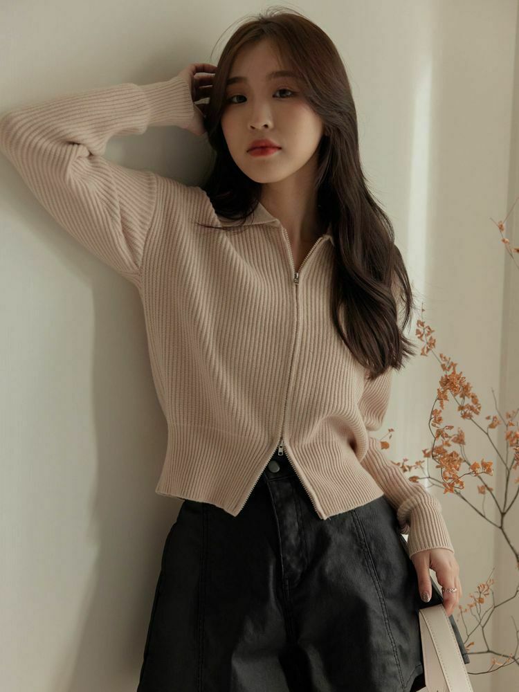 柔軟螺紋針織拉鏈上衣