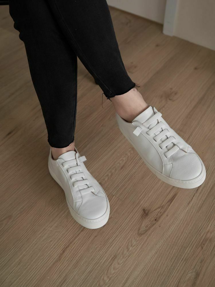 無綁帶鬆緊真皮小白鞋