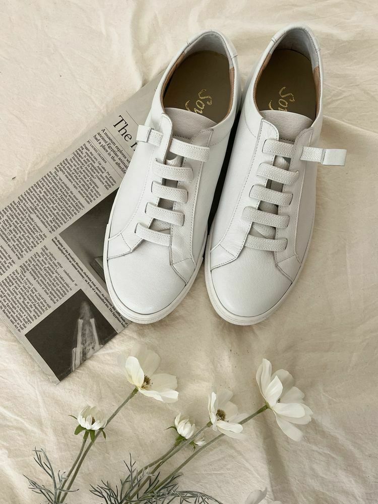 無綁帶鬆緊真皮小白鞋