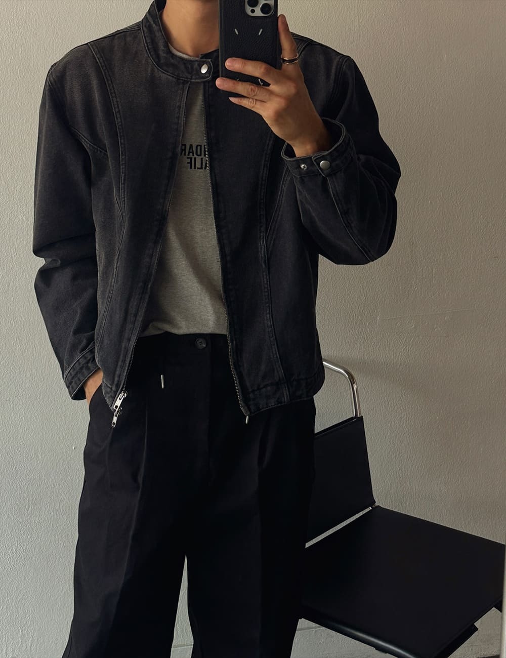 圓領剪裁牛仔機車夾克外套