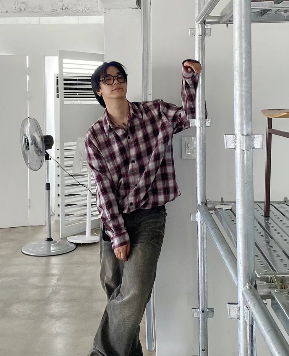 【HERETICS STUDIO 】韓國 고품질 格紋 立領 撞色 寬鬆 上身 長袖 襯衫