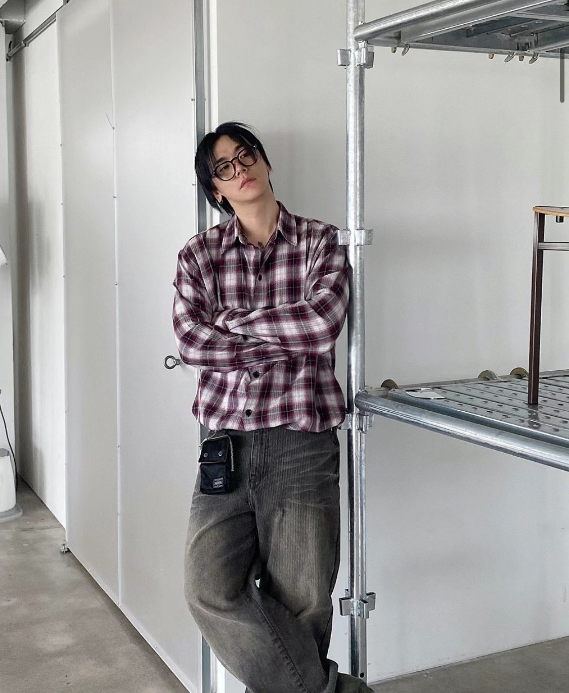 【HERETICS STUDIO 】韓國 고품질 格紋 立領 撞色 寬鬆 上身 長袖 襯衫