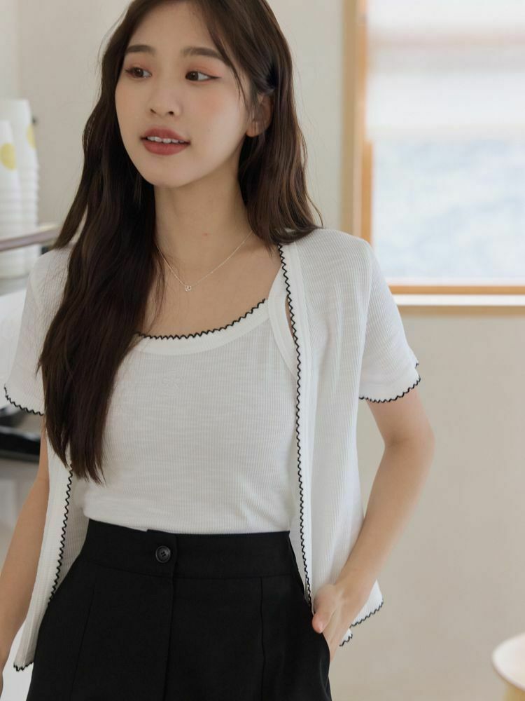 兩件式撞色花邊螺紋套裝