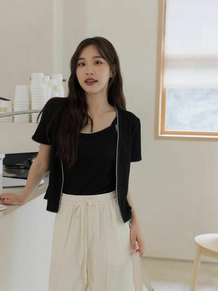 兩件式撞色花邊螺紋套裝