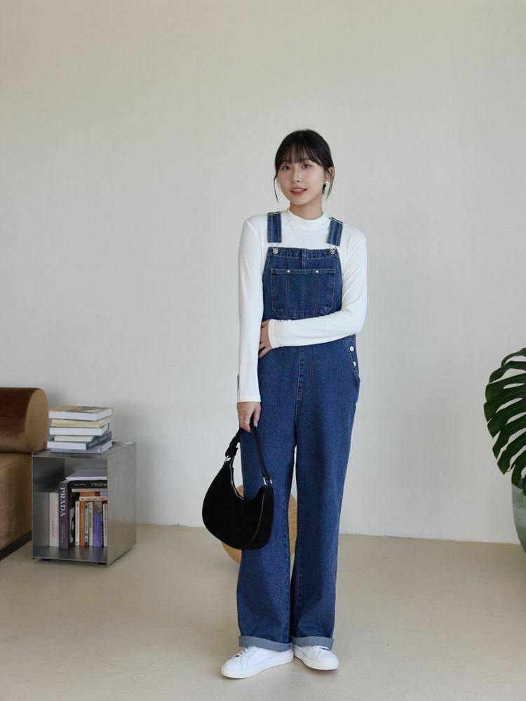 車線牛仔吊帶寬褲
