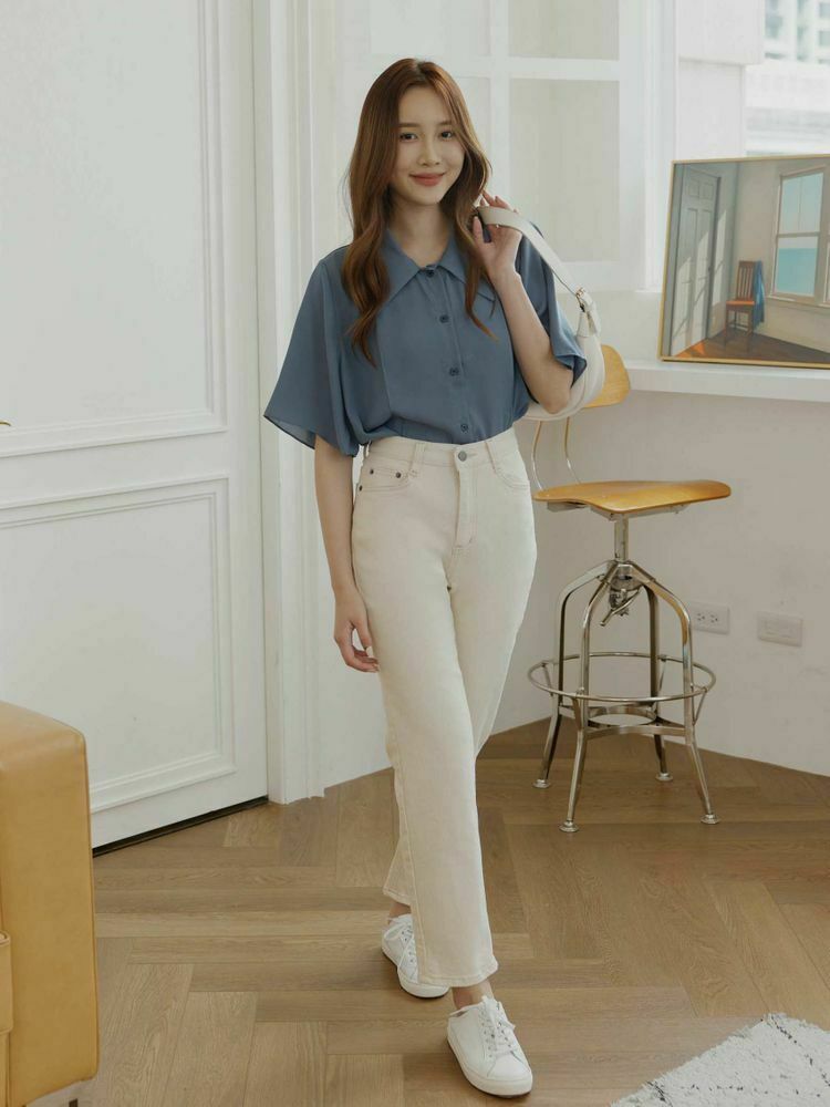 奶油車線直筒修身長褲