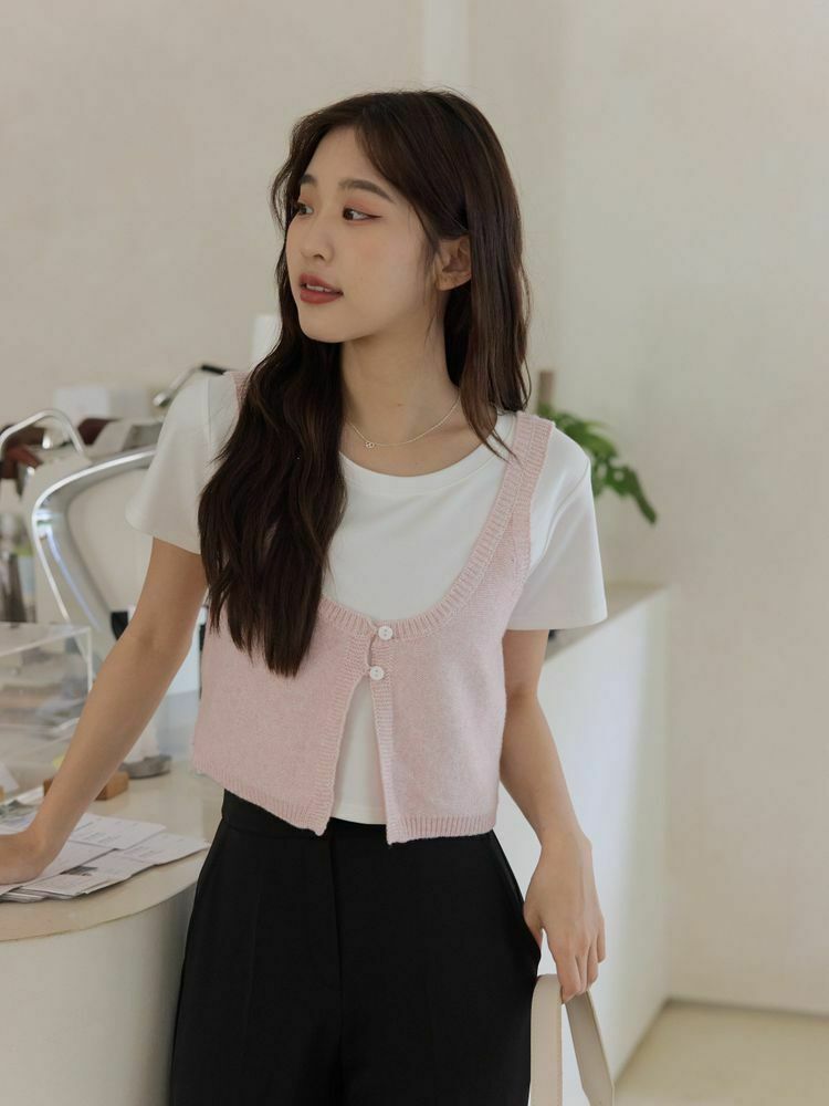 雙釦混色大圓領背心