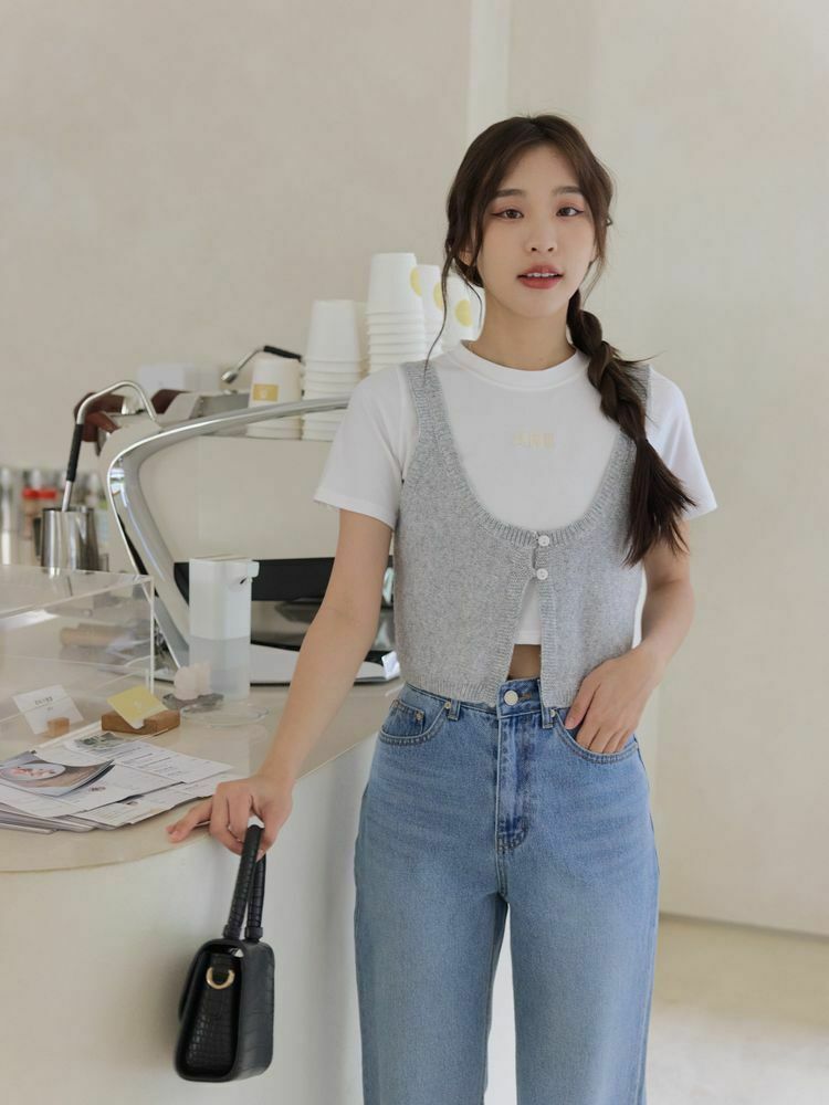 雙釦混色大圓領背心