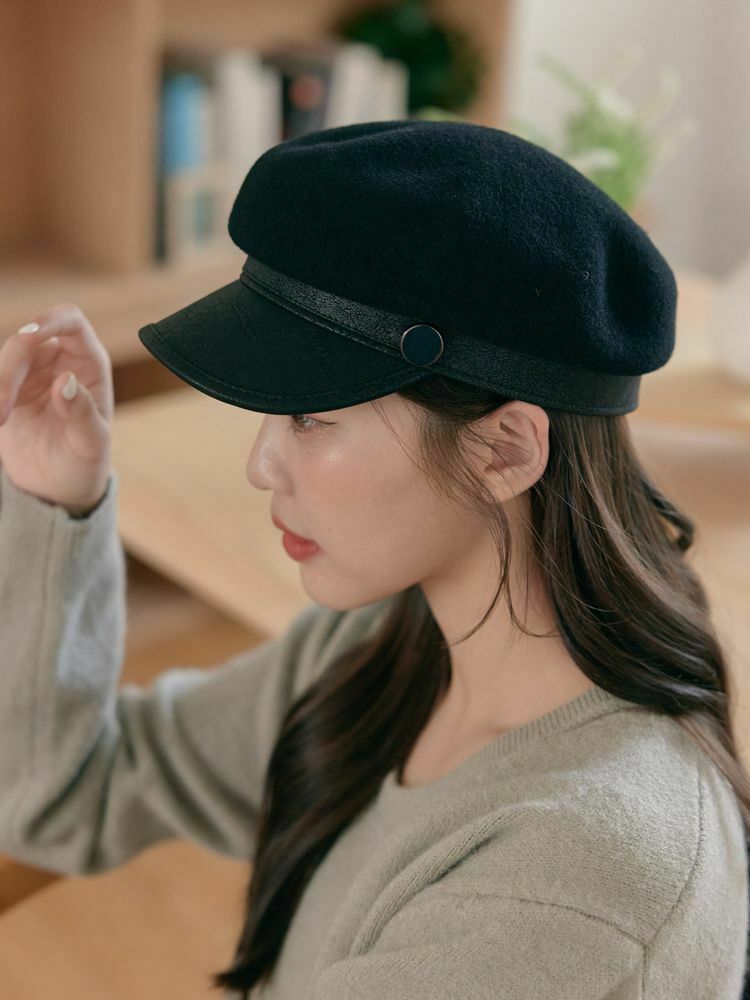 簡約質感皮革羊毛報童帽