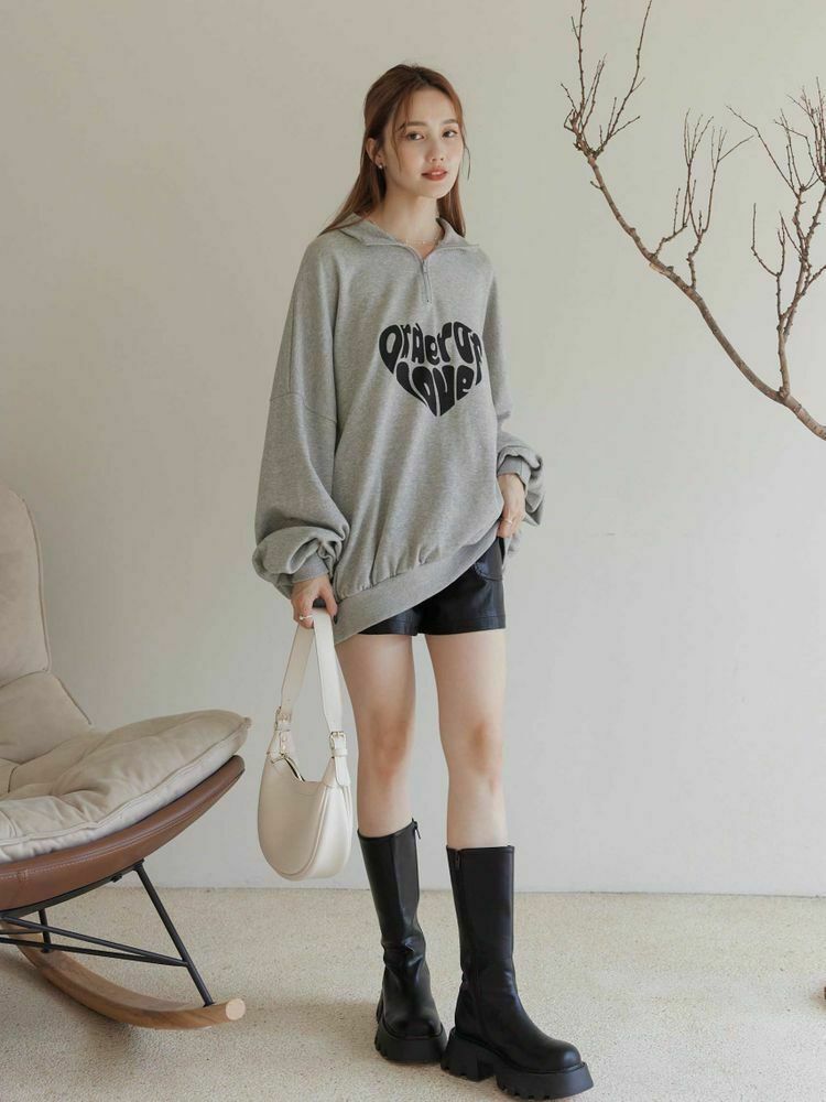 愛心舒適落肩半拉鍊上衣