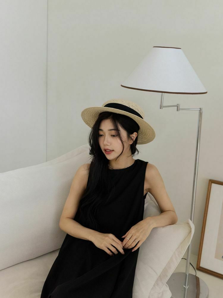 配色緞帶編織草帽