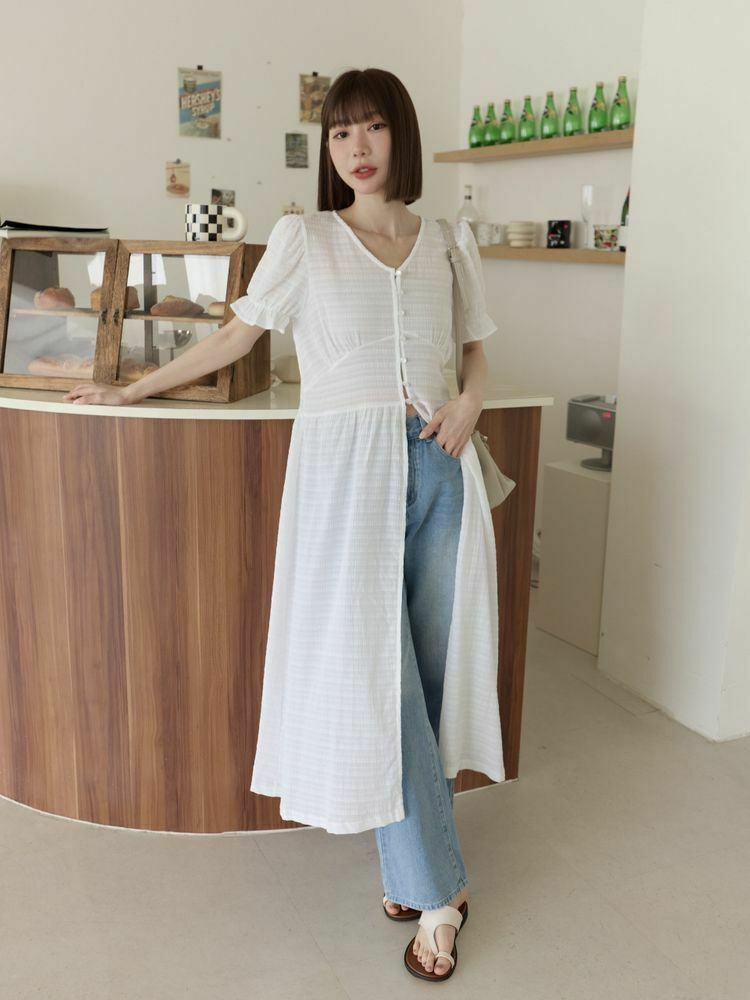 泡泡袖棉麻長罩衫