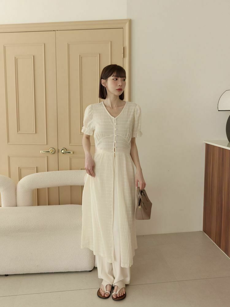 泡泡袖棉麻長罩衫