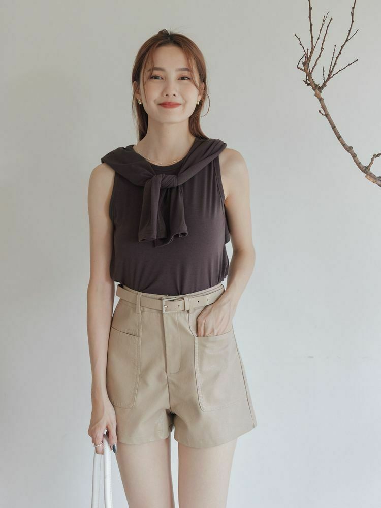 質感皮革口袋短褲（附皮帶）