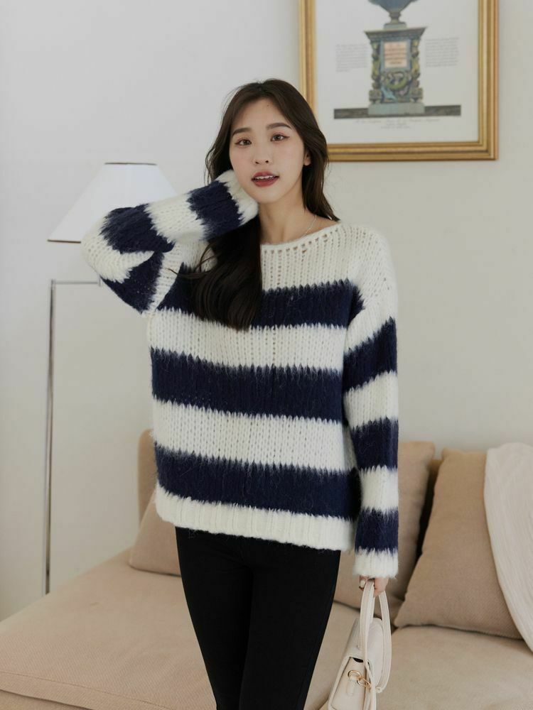 粗鉤織撞色條紋毛衣