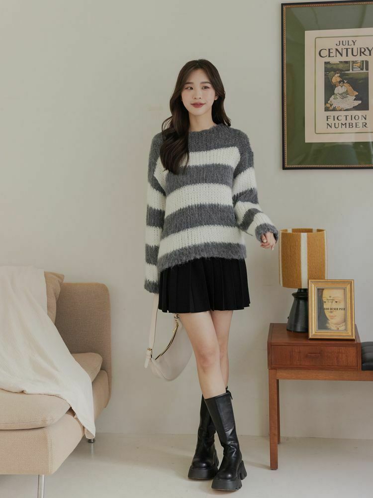 粗鉤織撞色條紋毛衣