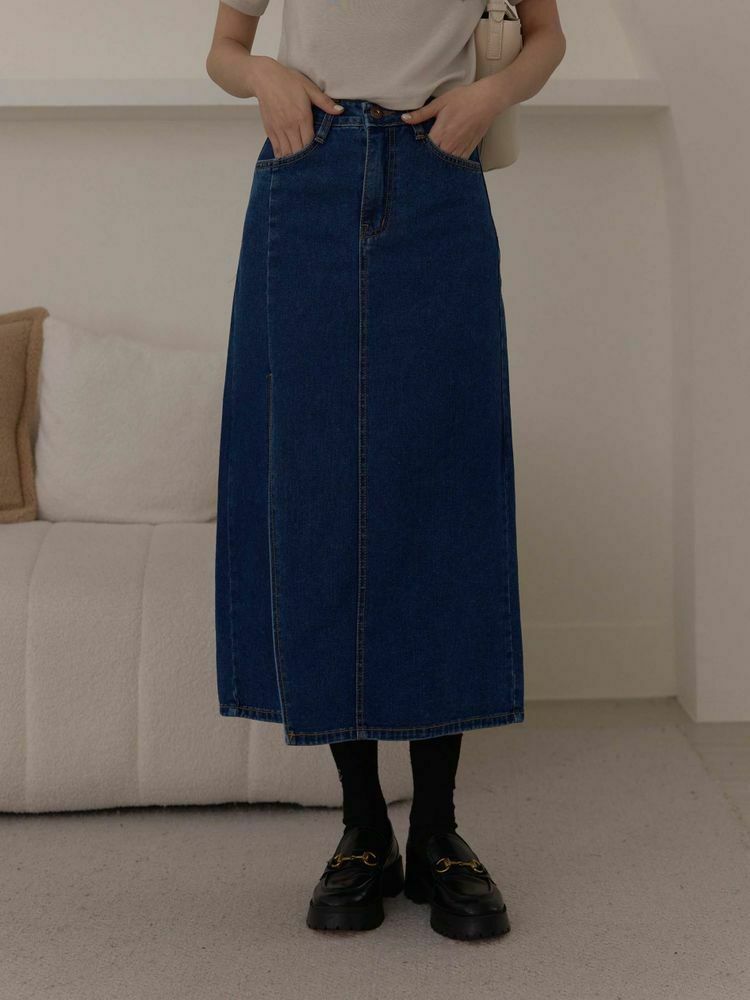 薄牛仔側開衩長裙