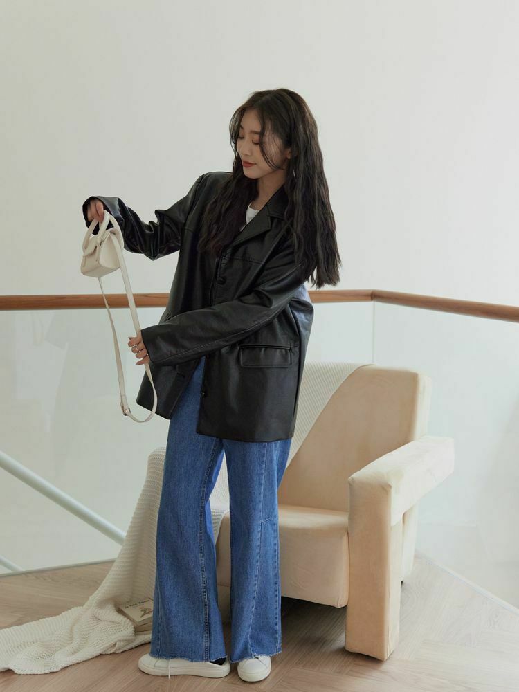質感西裝領後開衩皮革外套