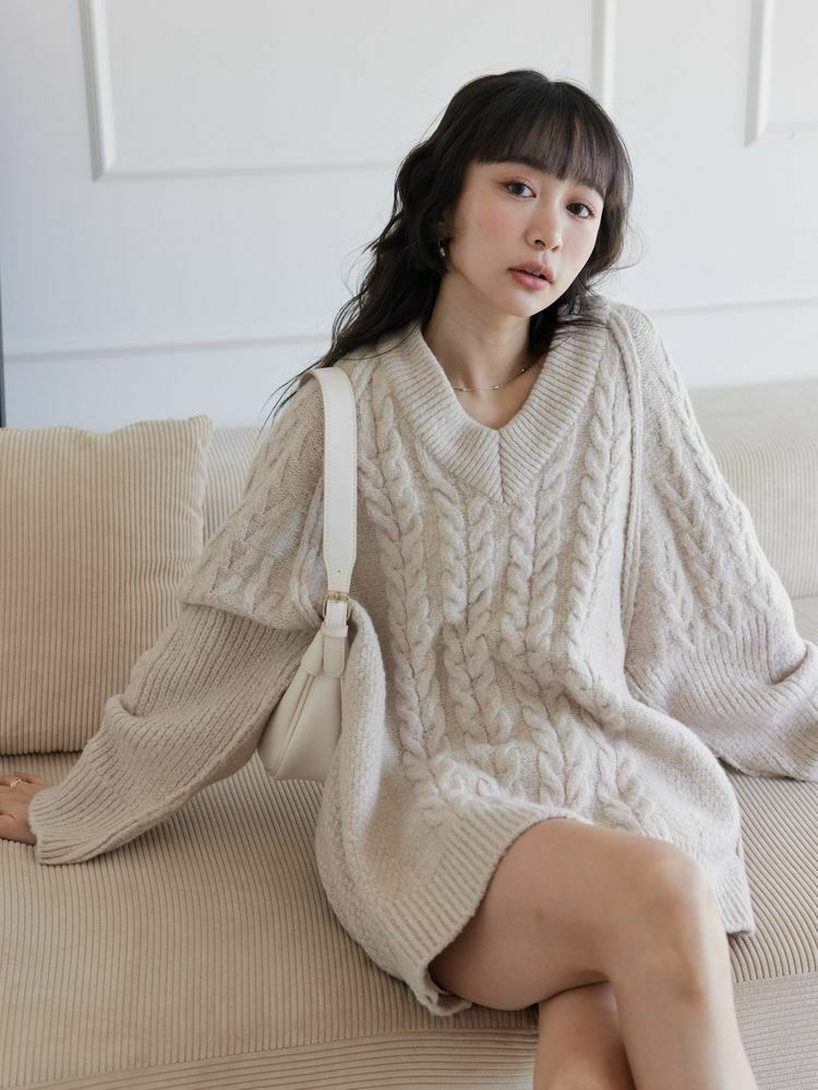 氣質V領麻花針織短洋裝