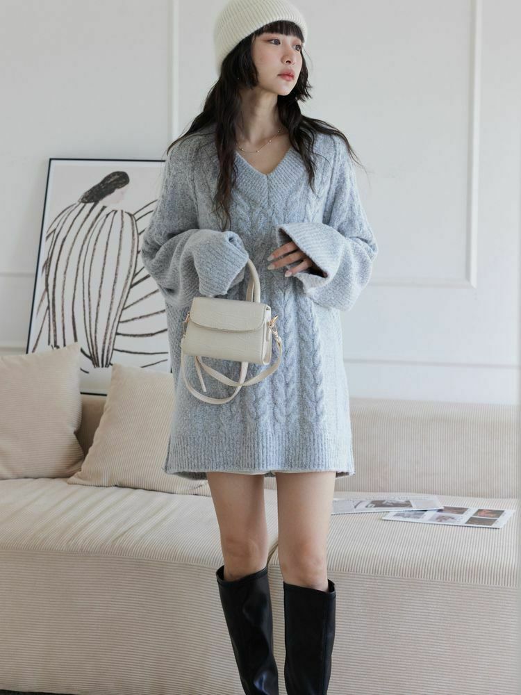 氣質V領麻花針織短洋裝