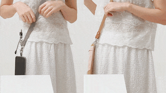 使用手機掛繩和手機包撞到桌子的對比示意