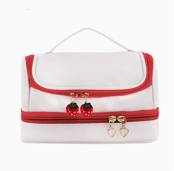 Hot push large-capacity double-layer makeup bag (red, size length 21cm, height 11cm)
