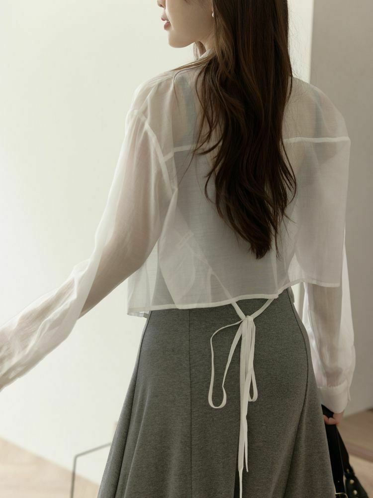 後綁帶透膚短版襯衫