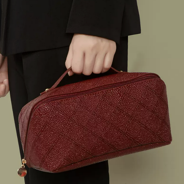 Hot push retro caviar pillow travel cosmetic bag (dark red size 25cm*12cm*12cm)
